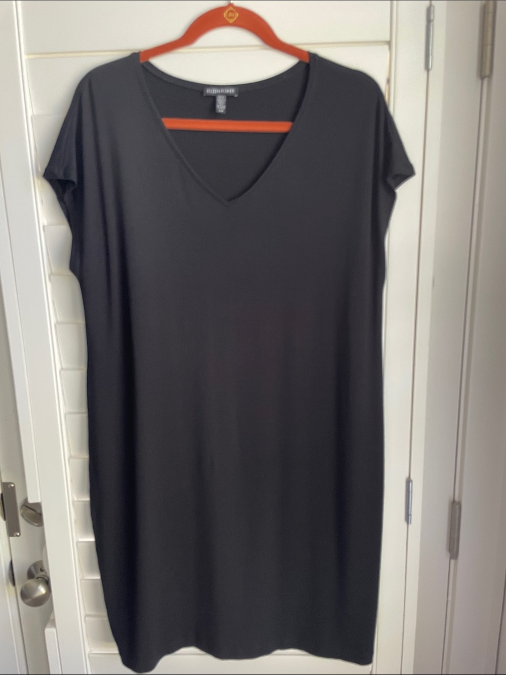 Eileen Fisher Black V-Neck Knit Shift Dress
